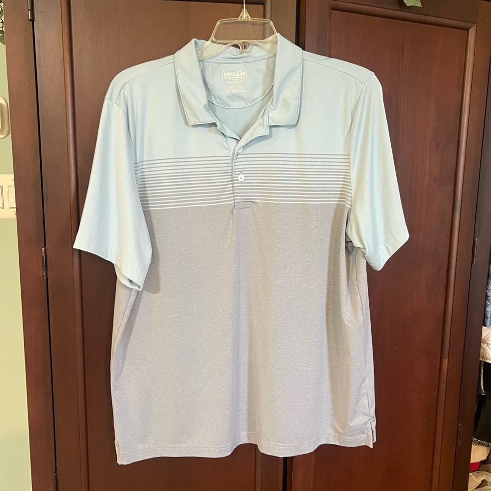 Kirkland Signature Light Blue & Pale Gray Striped Polo